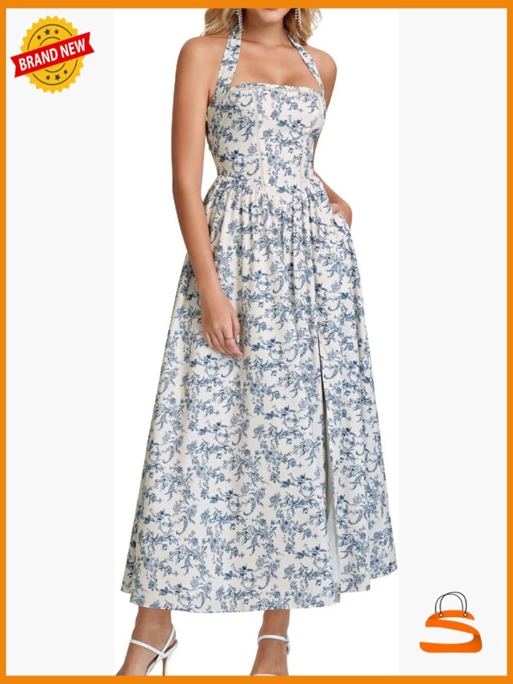 Halter Corset Midi Dress with Side Slit & Pockets Flowy A-Line Sundress